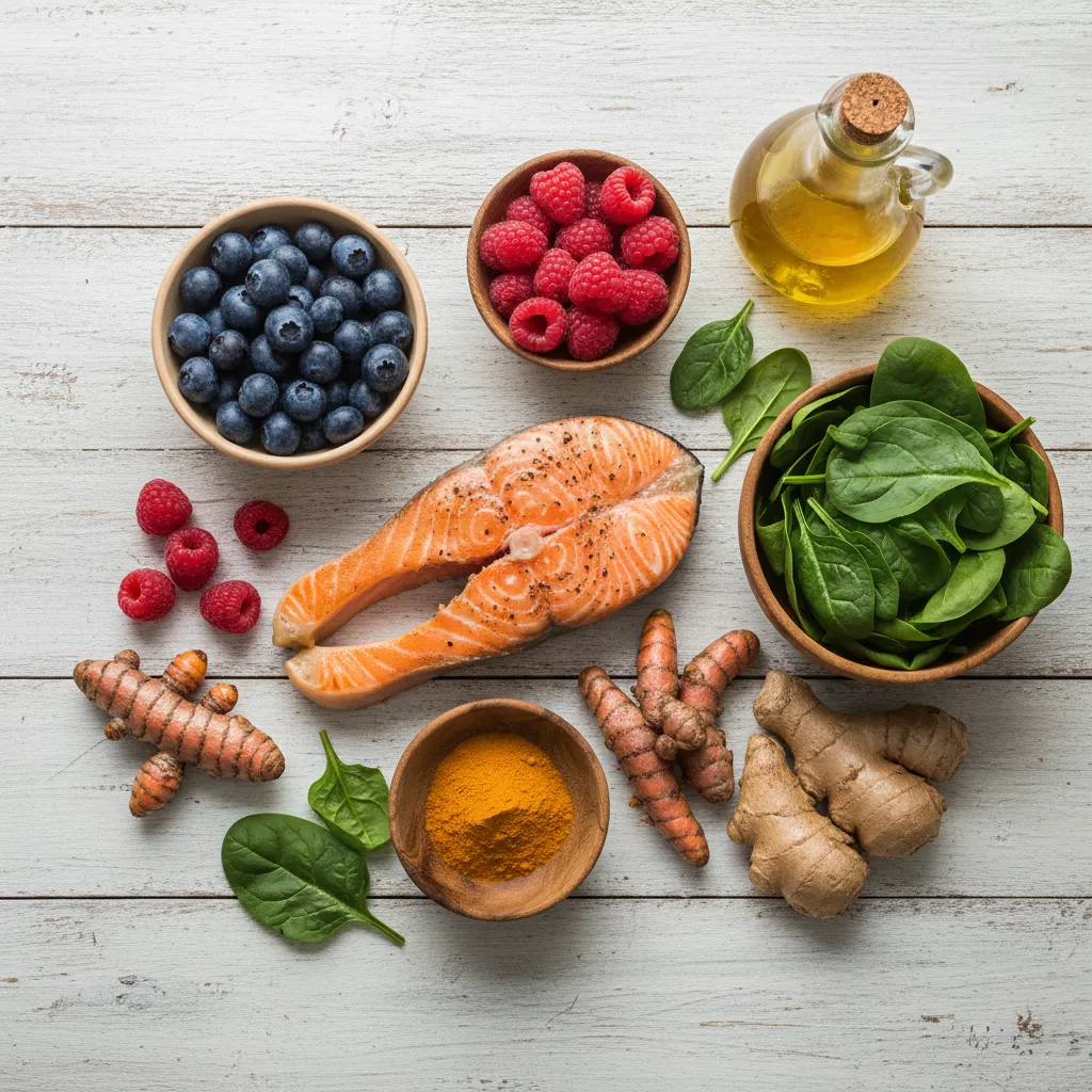 Colorful anti-inflammatory foods including berries, leafy greens and salmon arranged on a table