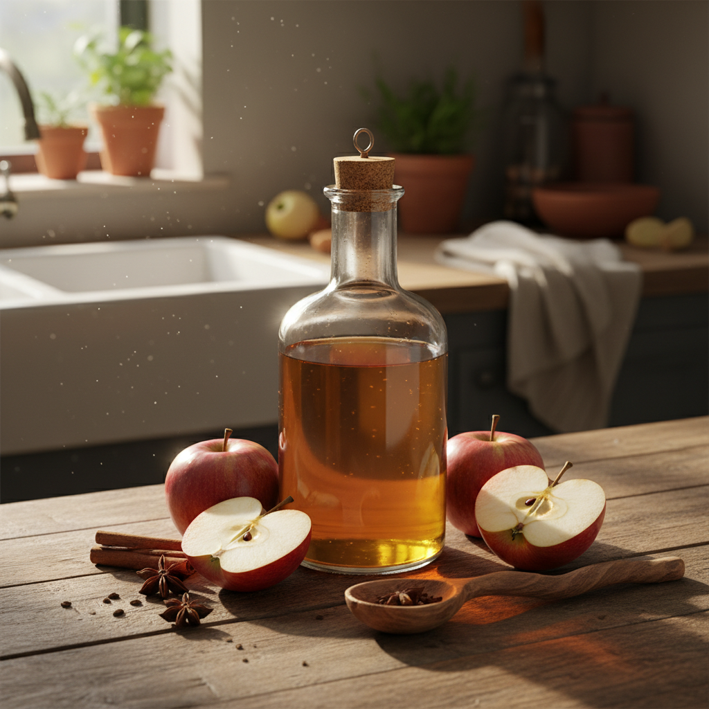 Apple cider vinegar bottle with fresh apples on wooden table
