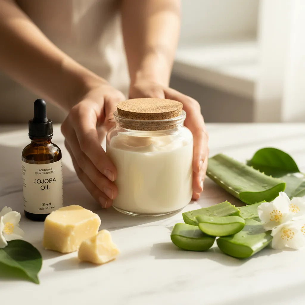 Woman's hands holding a glass jar of homemade natural moisturizer surrounded by shea butter and jojoba oil on white marble