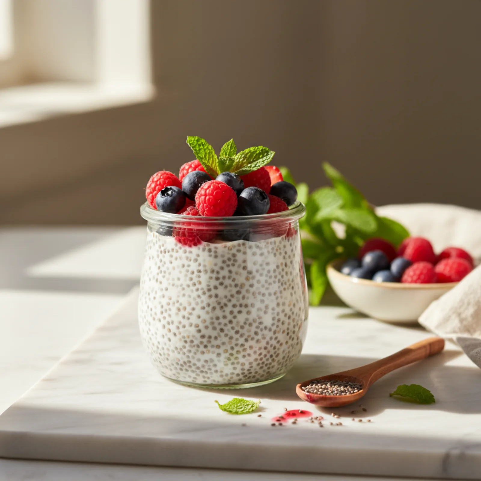Chia seed pudding in a glass jar with fresh berries and a wooden spoon on a white marble surface