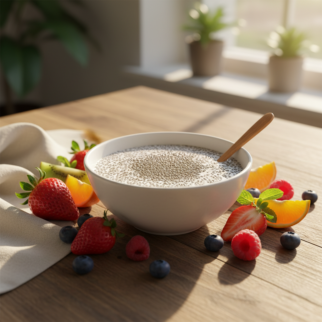 Chia seeds pudding bowl as healthy superfood snack