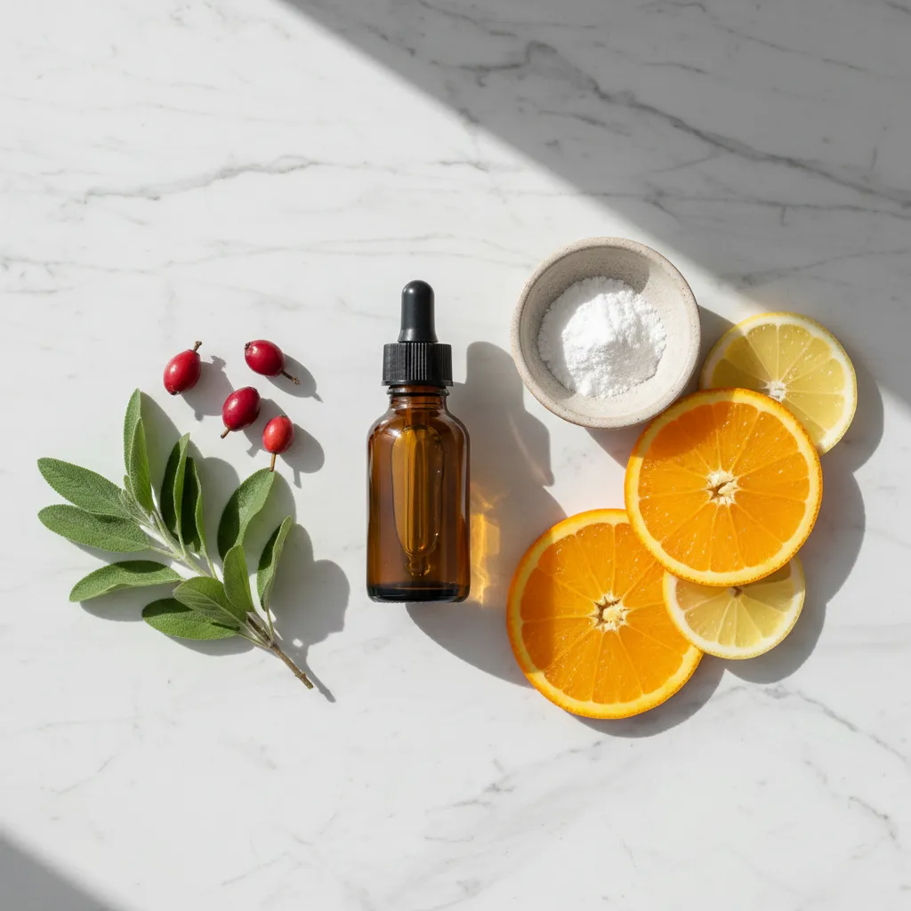 Vitamin C serum in glass dropper bottle for skincare