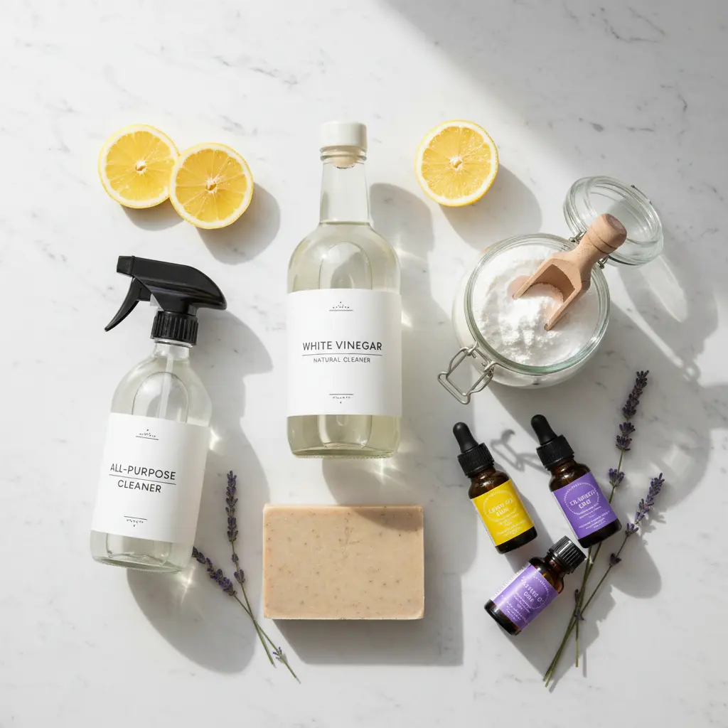 Natural cleaning ingredients including white vinegar, baking soda, and essential oils on kitchen counter