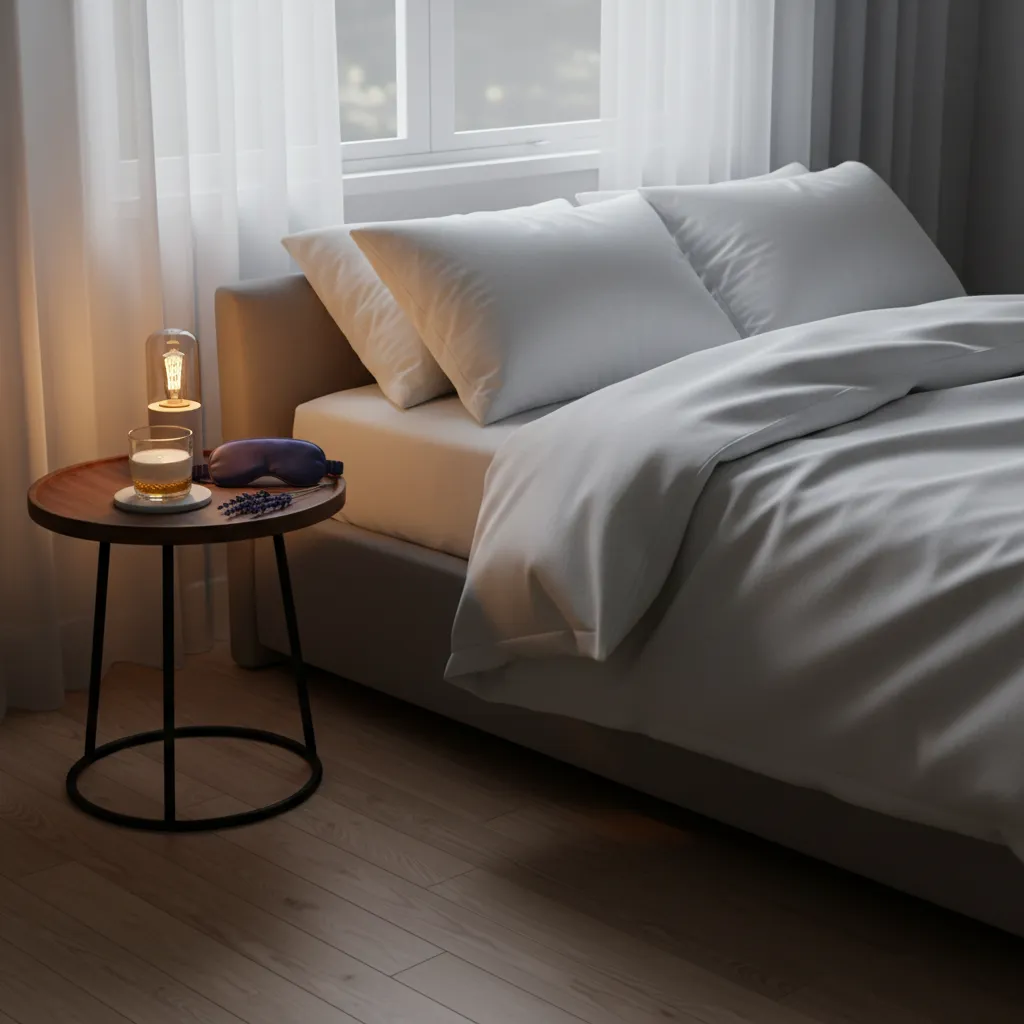Peaceful bedroom with soft lighting for better sleep after 40