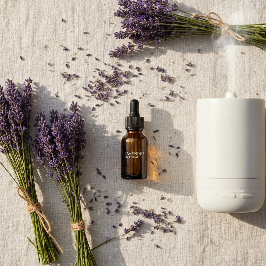 Lavender flowers and essential oil bottle for aromatherapy