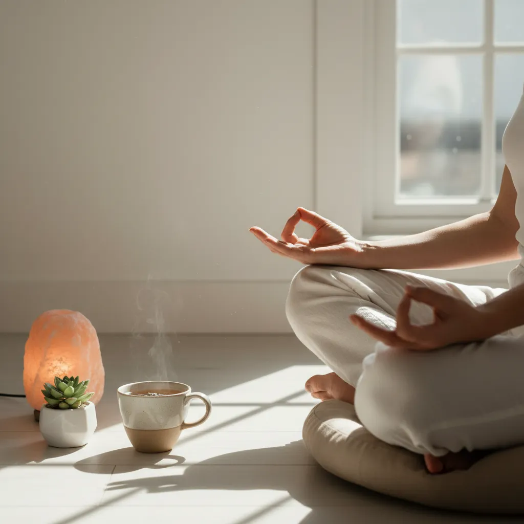 Woman sitting quietly in a peaceful indoor space practicing mindfulness
