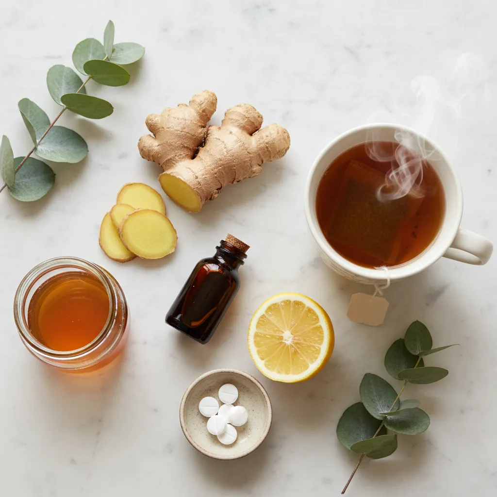 Natural cold remedy items including honey, lemon, ginger and herbal tea on a wooden surface
