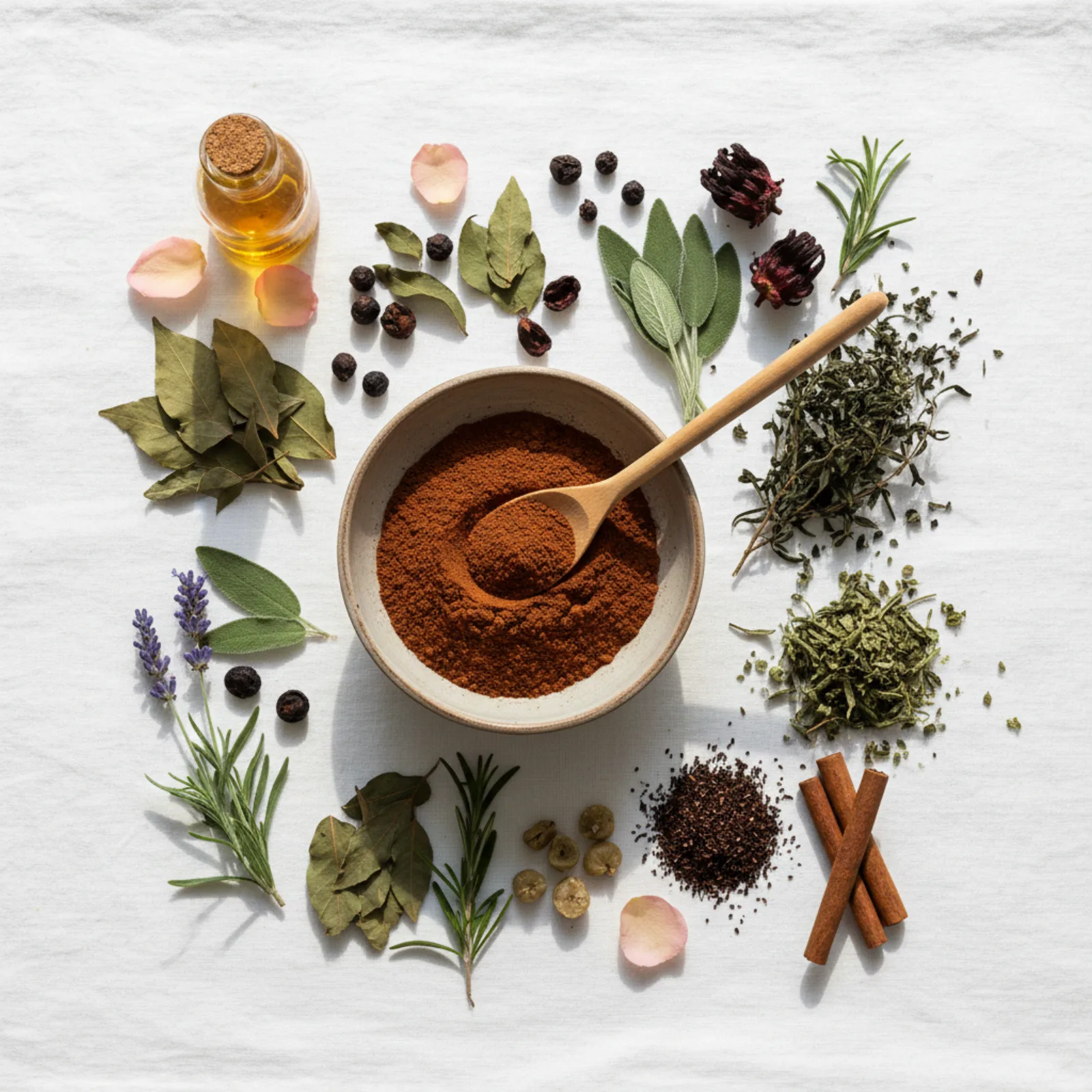 Flat lay of natural hair dye ingredients — henna powder, dried herbs, wooden spoon on white background