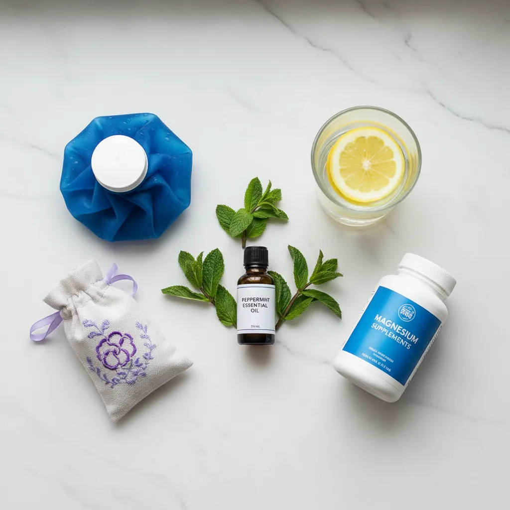 Woman applying natural headache remedy with essential oils