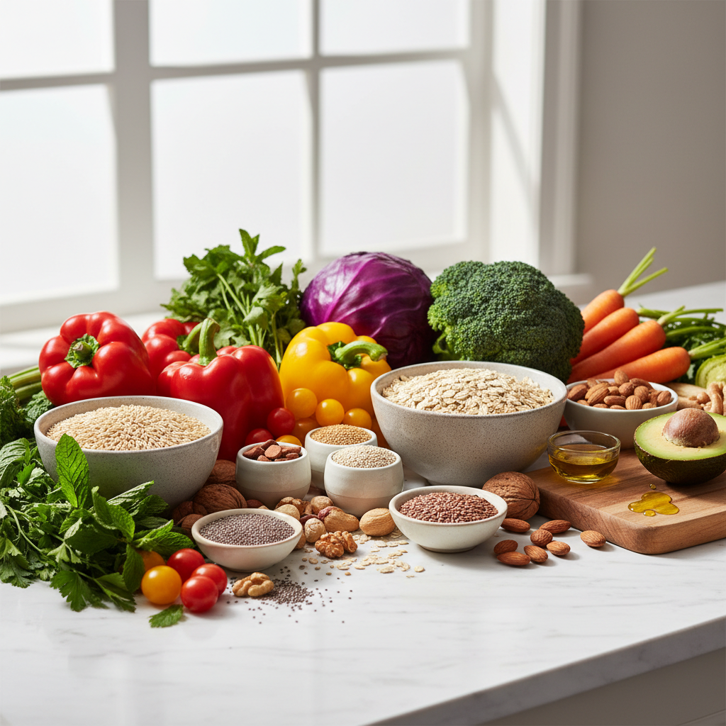Colorful healthy ingredients on kitchen counter