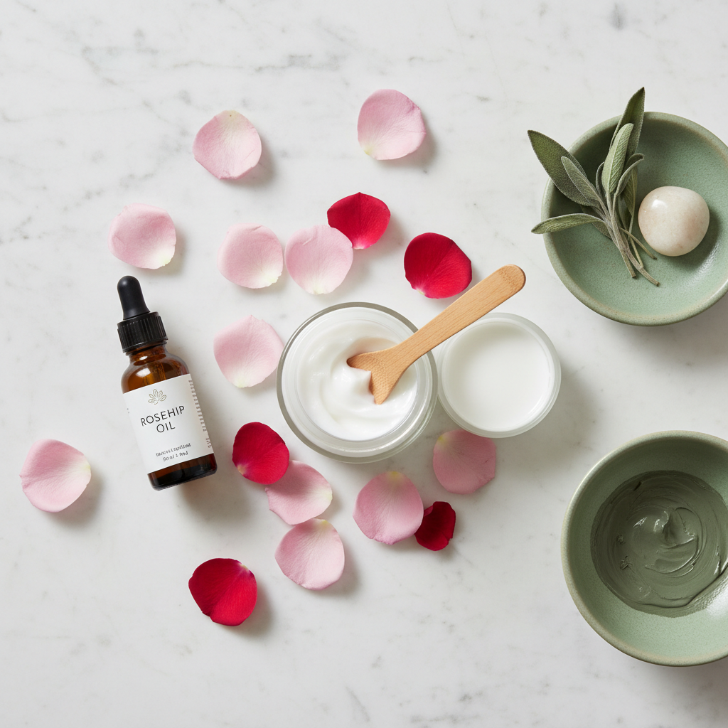 Natural skincare products on marble surface