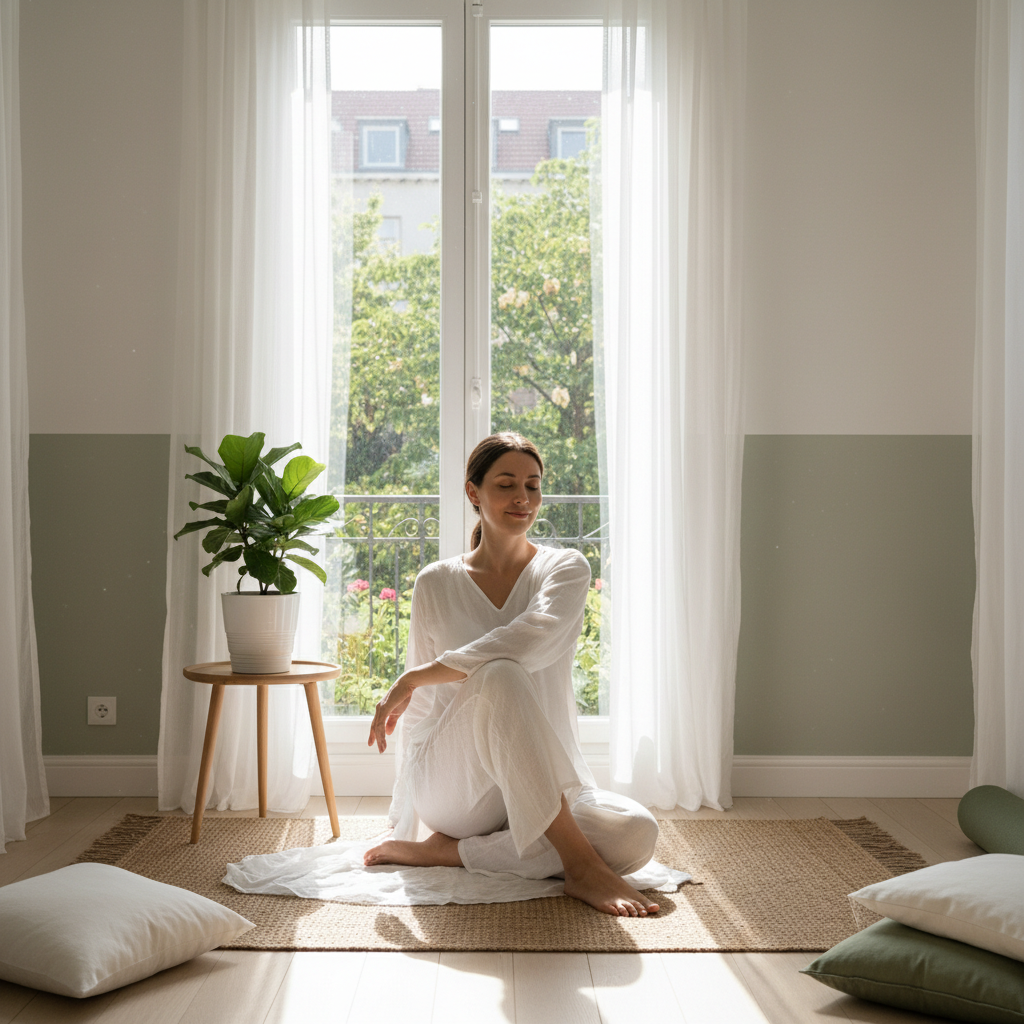 Woman doing gentle yoga by window