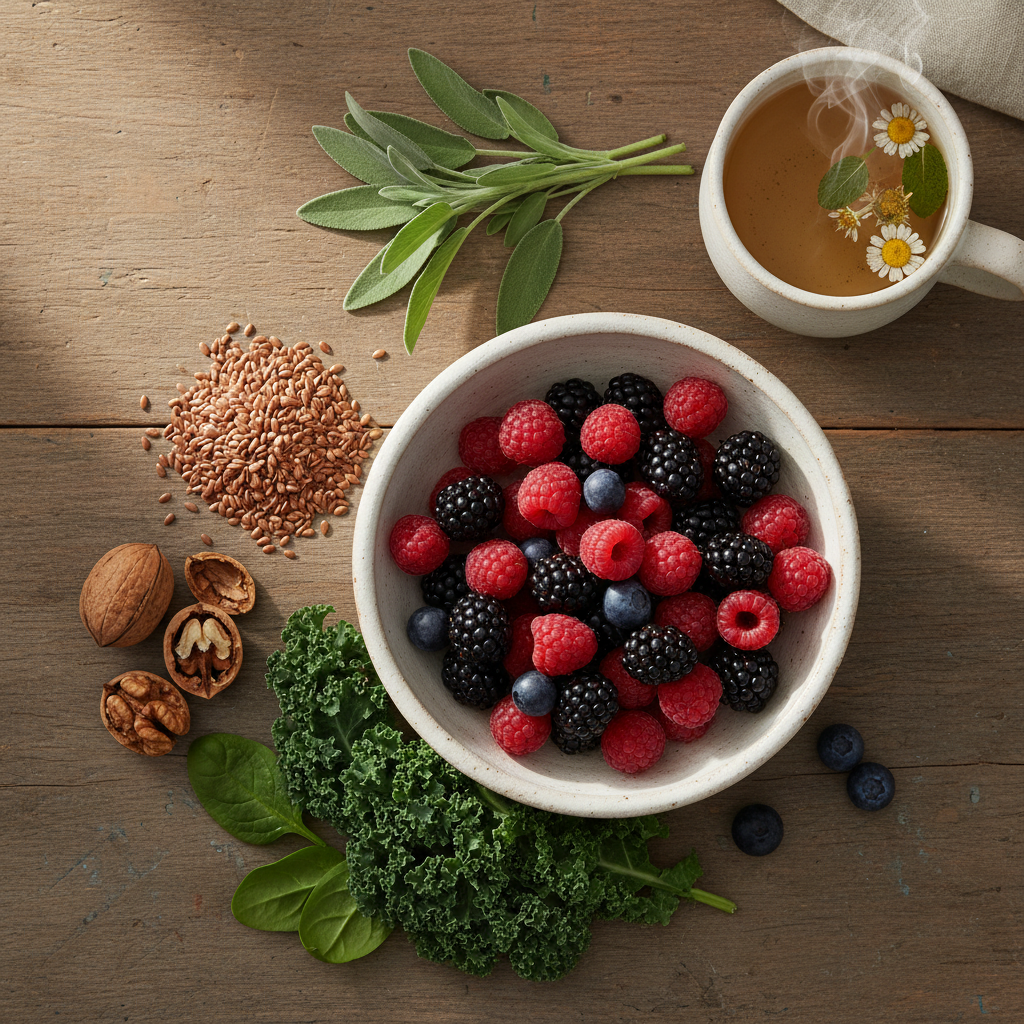 Overhead flat lay of hormone-supporting foods including berries, flaxseeds, walnuts, leafy greens, and a ceramic teacup with herbal tea on a rustic wooden table