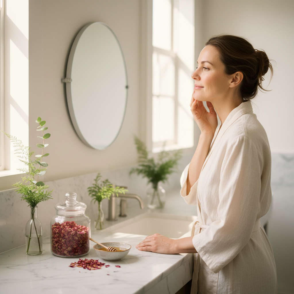Woman examining her clear glowing complexion in a soft-lit bathroom with botanical skincare elements on a white marble counter