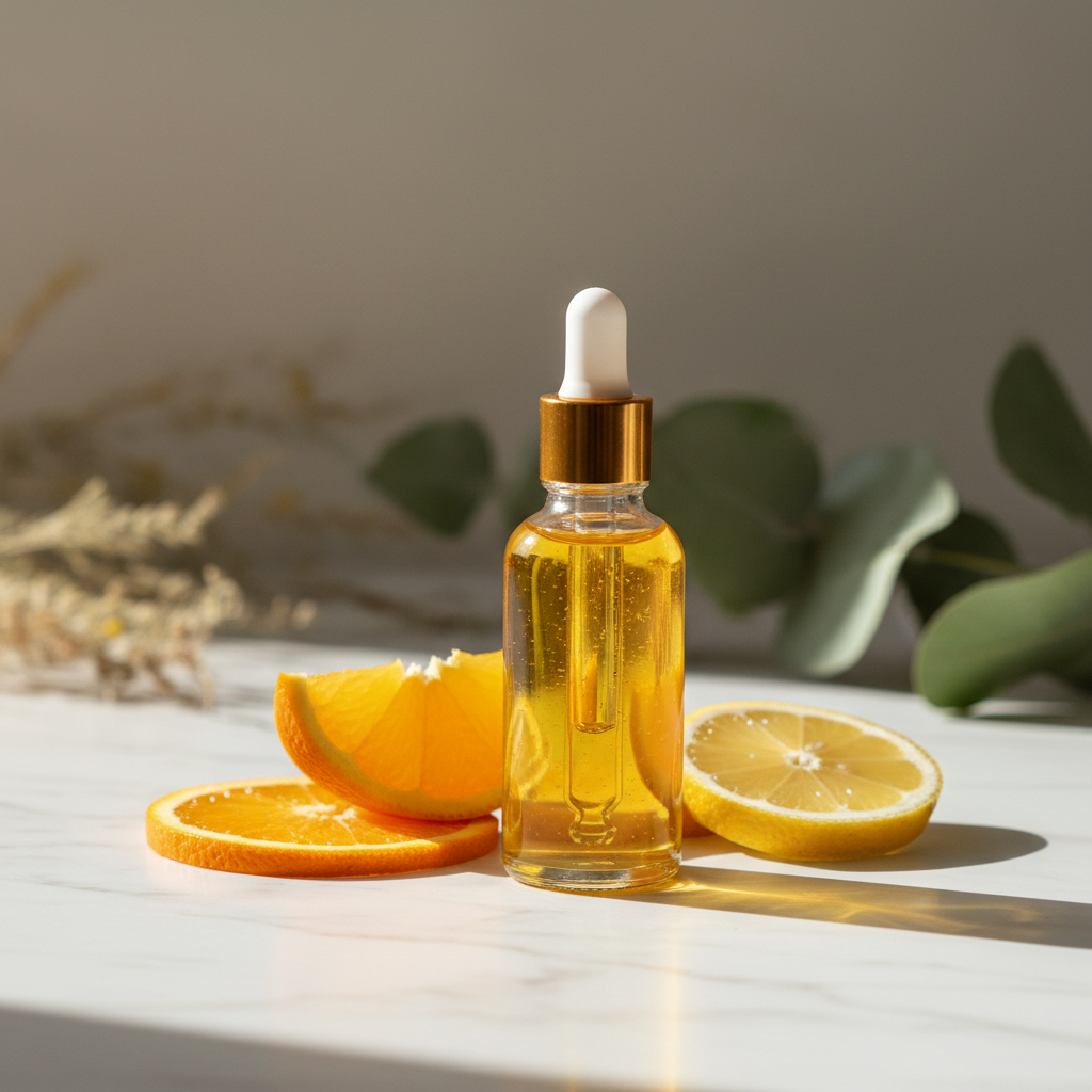 Glass dropper bottle with golden vitamin C serum on marble surface with fresh citrus slices