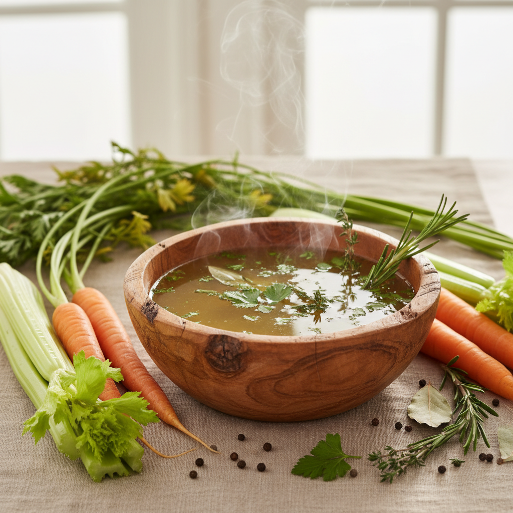 Bowl of bone broth with herbs and vegetables on a rustic wooden table