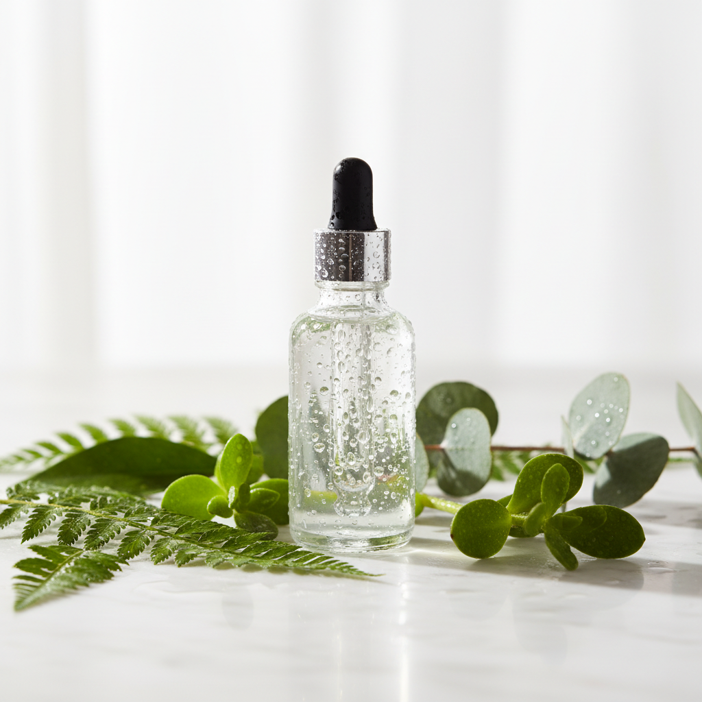 Glass dropper bottle of hyaluronic acid serum surrounded by water droplets and fresh botanical leaves on white marble