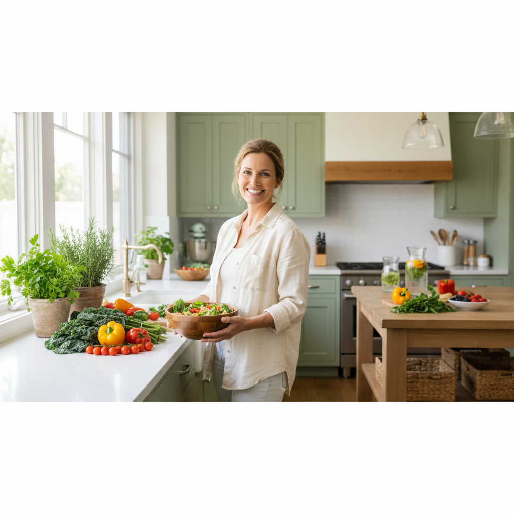 Woman in bright kitchen with fresh herbs and vegetables