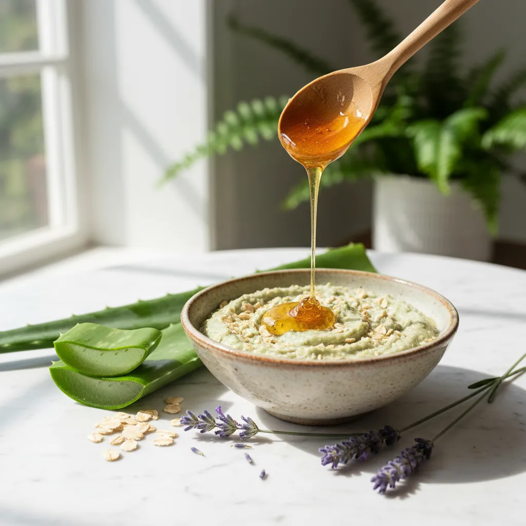 Homemade DIY face mask bowl with aloe vera, oats, honey and lavender
