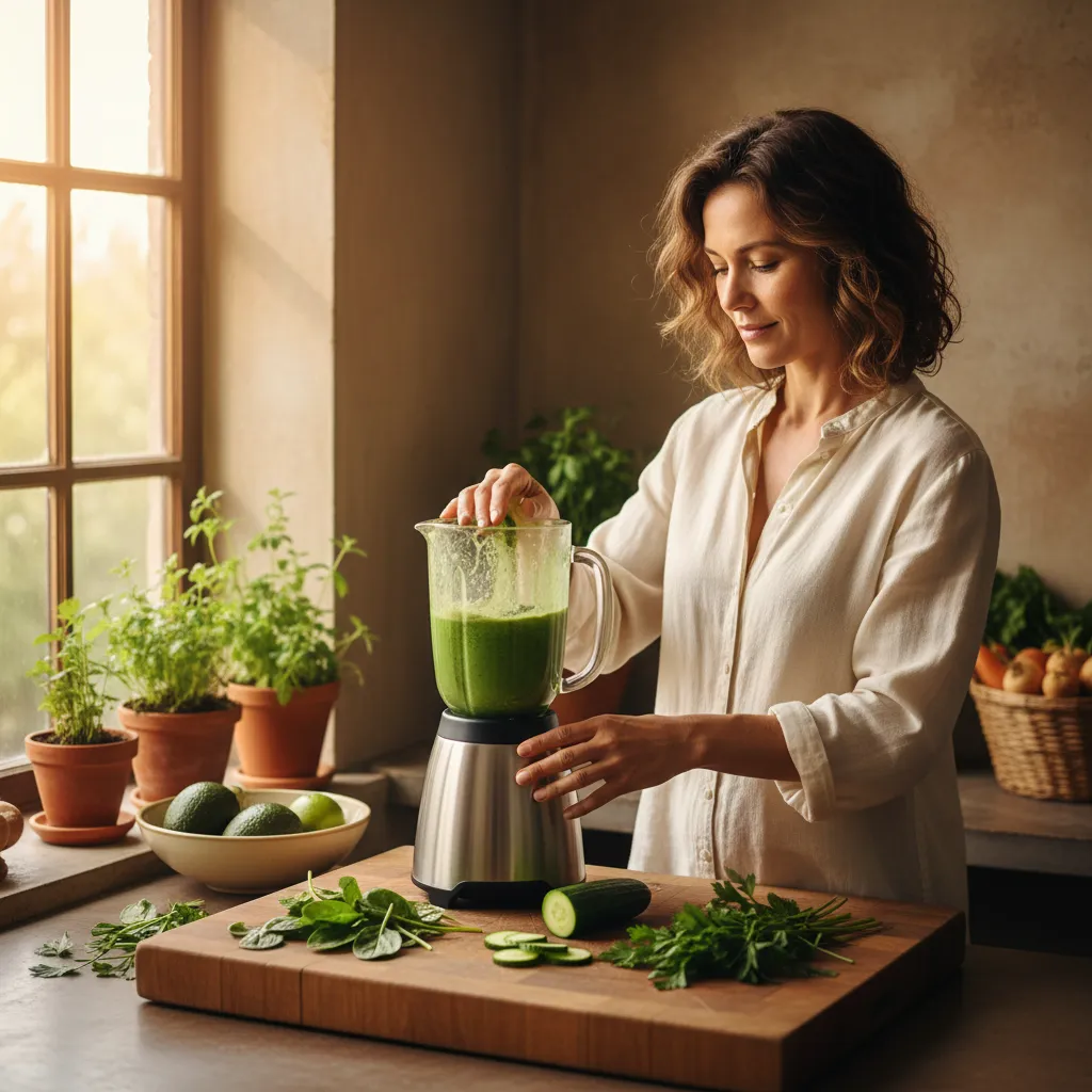 Woman blending a fresh green smoothie in a bright kitchen