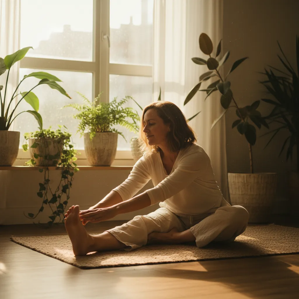 Woman doing gentle yoga stretches near a bright window at sunrise